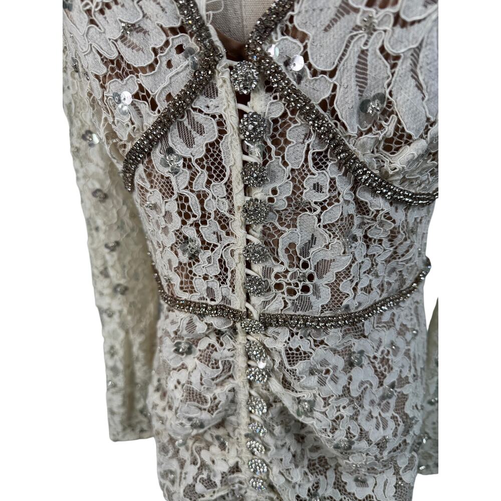 Self-Portrait Crystal Embellished Cord Lace Midi Dress Ivory Bridal US 8 - Picture 10 of 16